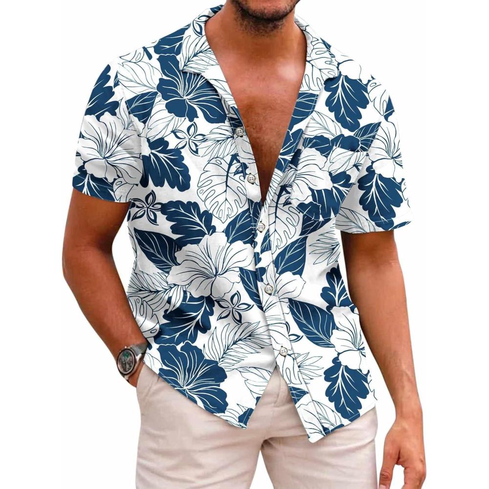 imageCOOFANDY Mens Hawaiian Shirt Short Sleeve Casual Button Down Tropical Summer Beach Aloha ShirtsWhite  Navy Blue Floral