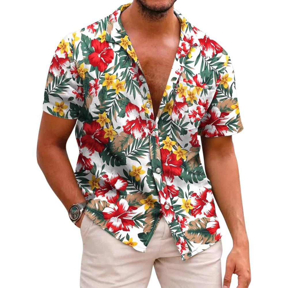 imageCOOFANDY Mens Hawaiian Shirt Short Sleeve Casual Button Down Tropical Summer Beach Aloha ShirtsWhite  Red Floral