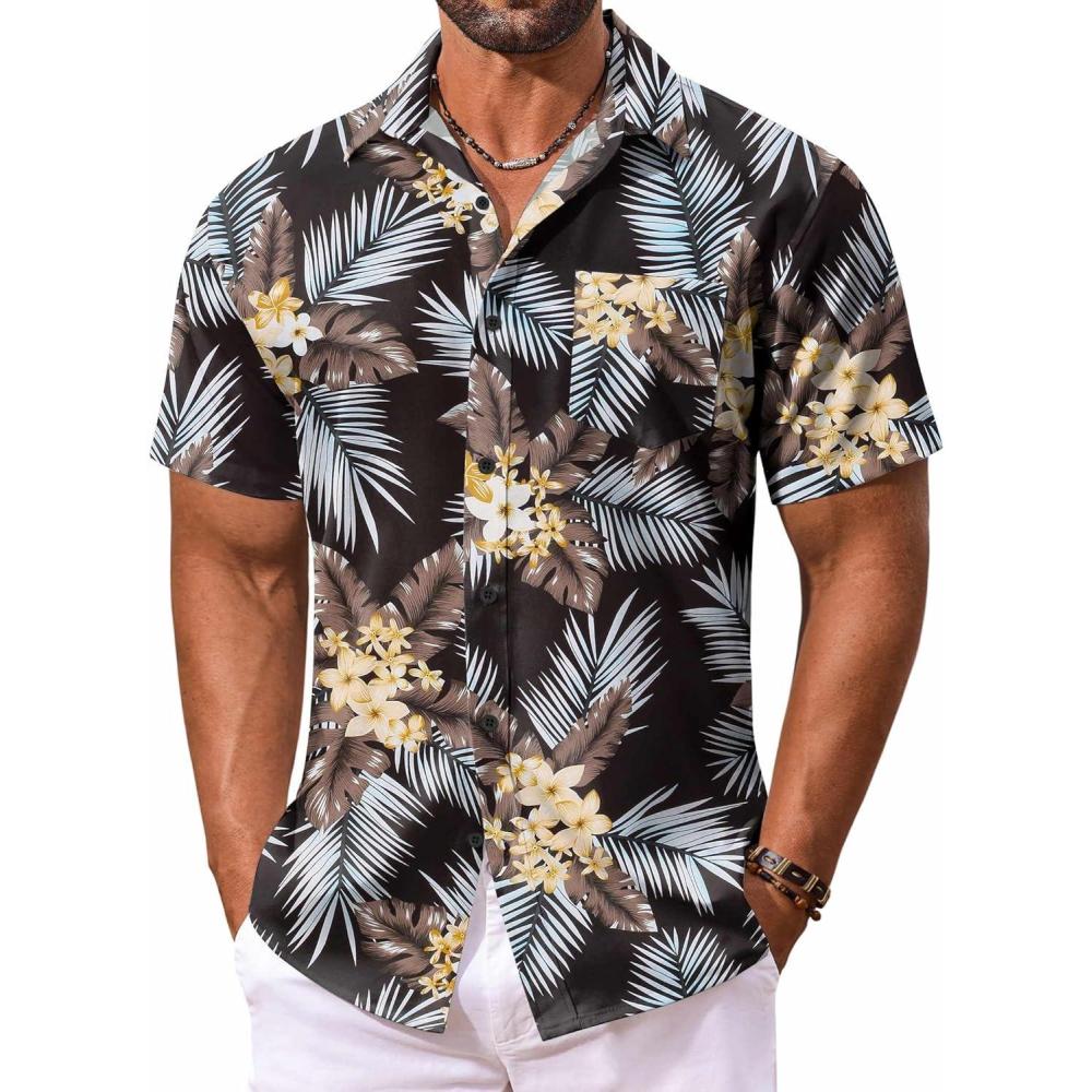 imageCOOFANDY Mens Hawaiian Shirt Short Sleeve Floral Button Down Shirts Tropical Holiday Beach ShirtsBlack Palm Leaf