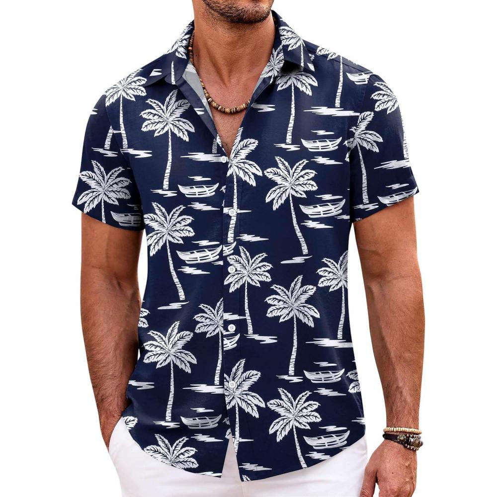 imageCOOFANDY Mens Hawaiian Shirt Short Sleeve Floral Button Down Shirts Tropical Holiday Beach ShirtsNavy Bluewhite Tree