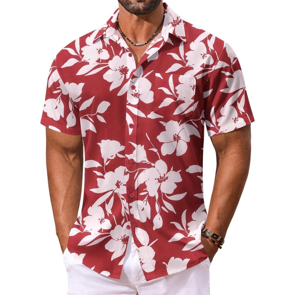 imageCOOFANDY Mens Hawaiian Shirt Short Sleeve Floral Button Down Shirts Tropical Holiday Beach ShirtsWine Red  White Flower