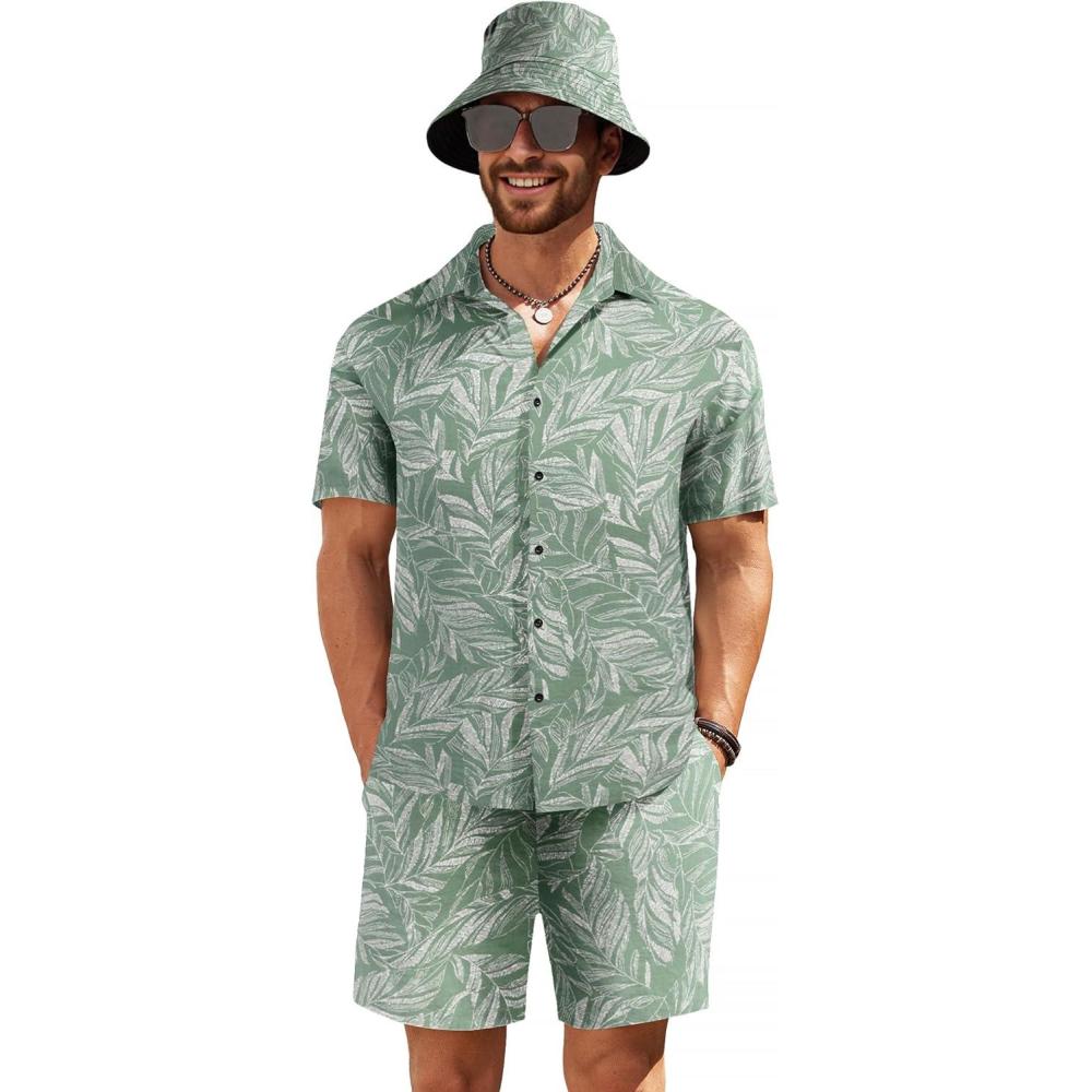 imageCOOFANDY Mens Hawaiian Shirt and Short Set Flower 2pieces Beach Outfit with Bucket HatsGreen White Leaves