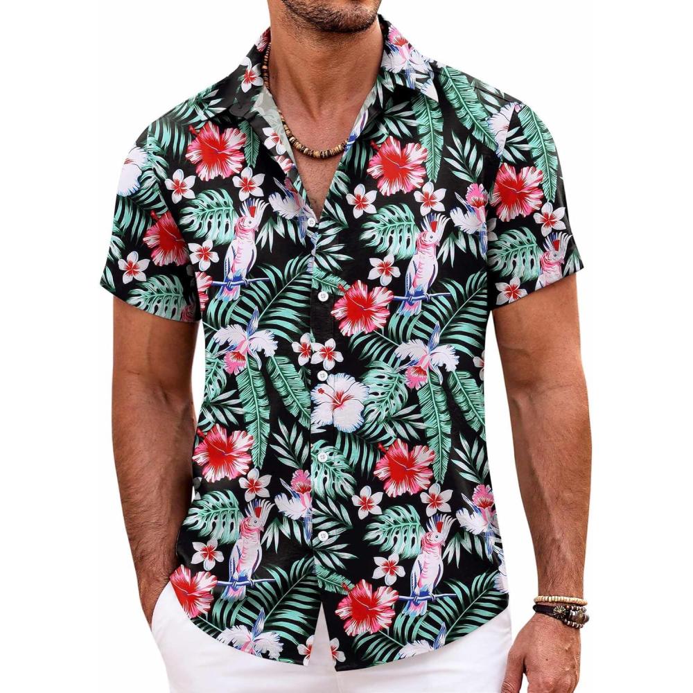 imageCOOFANDY Mens Hawaiian Shirts Short Sleeve Casual Button Down Beach Vacation Summer ShirtBlackgreen Leaf