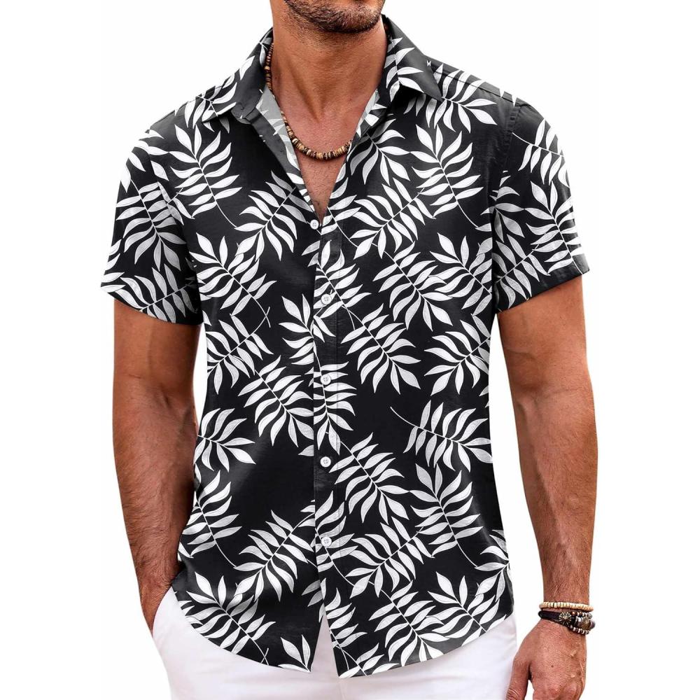 imageCOOFANDY Mens Hawaiian Shirts Short Sleeve Casual Button Down Beach Vacation Summer ShirtBlackwhite Leaf