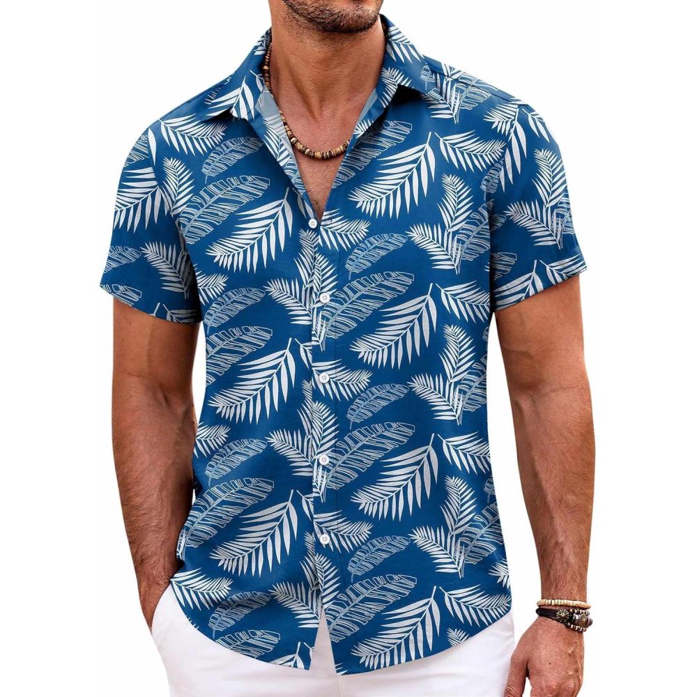 imageCOOFANDY Mens Hawaiian Shirts Short Sleeve Casual Button Down Beach Vacation Summer ShirtBlue Leaf