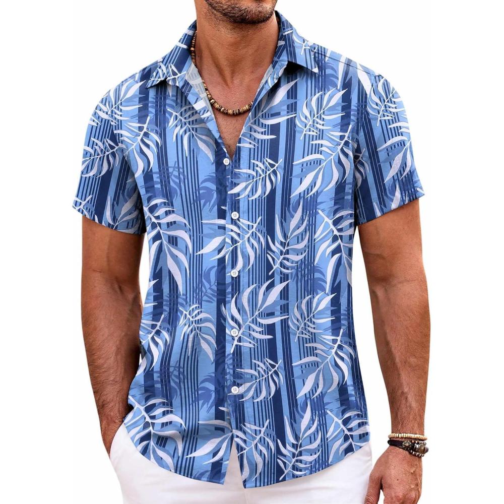 imageCOOFANDY Mens Hawaiian Shirts Short Sleeve Casual Button Down Beach Vacation Summer ShirtBluewhite Leaf
