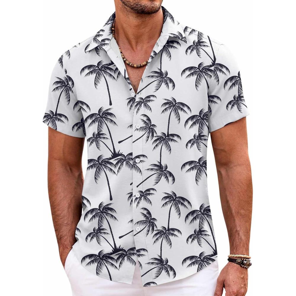 imageCOOFANDY Mens Hawaiian Shirts Short Sleeve Casual Button Down Beach Vacation Summer ShirtGreytropical Tree
