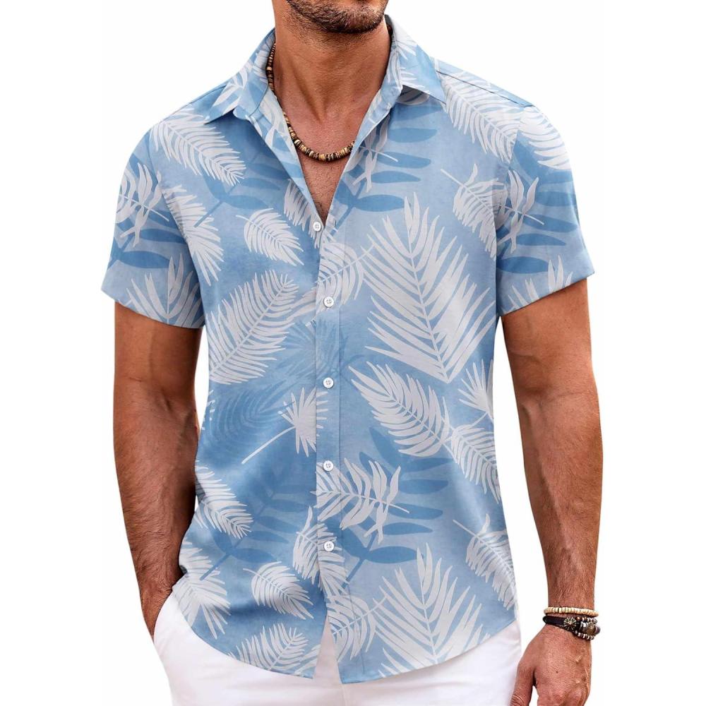 imageCOOFANDY Mens Hawaiian Shirts Short Sleeve Casual Button Down Beach Vacation Summer ShirtLight Bluewhite Palm Leaf
