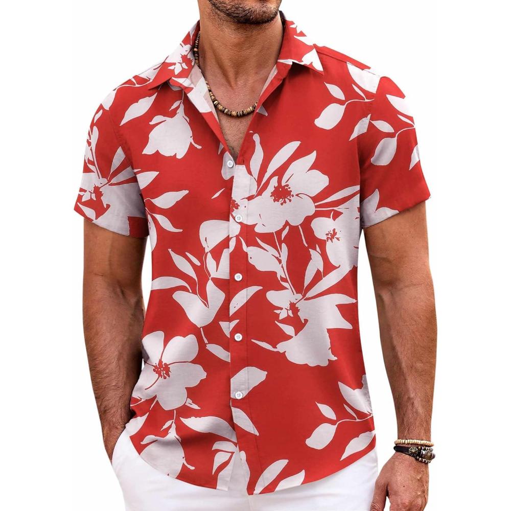 imageCOOFANDY Mens Hawaiian Shirts Short Sleeve Casual Button Down Beach Vacation Summer ShirtRedwhite Floral