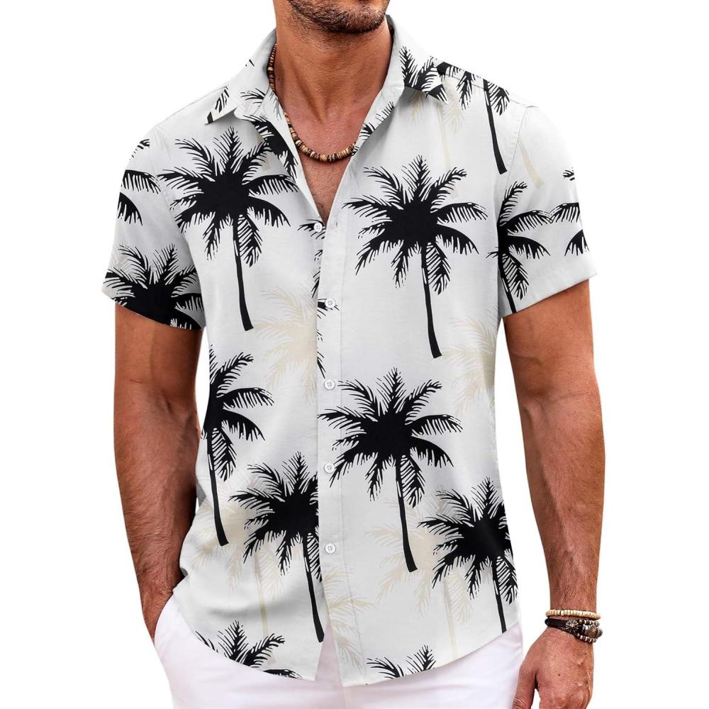 imageCOOFANDY Mens Hawaiian Shirts Short Sleeve Casual Button Down Beach Vacation Summer ShirtWhitecoconut Tree