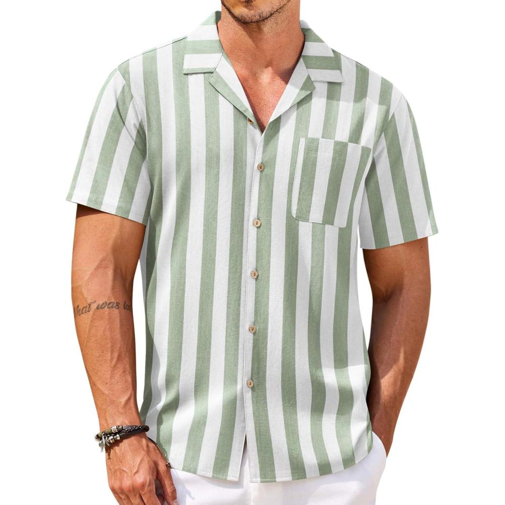 imageCOOFANDY Mens Hawaiian Shirts Short Sleeve Casual Button Down Tropical Beach ShirtA Stripe Green