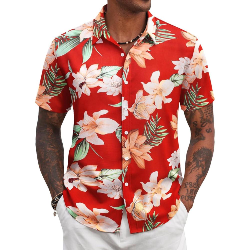 imageCOOFANDY Mens Hawaiian Shirts Short Sleeve Casual Button Down Tropical Beach ShirtMulti Flowers Red