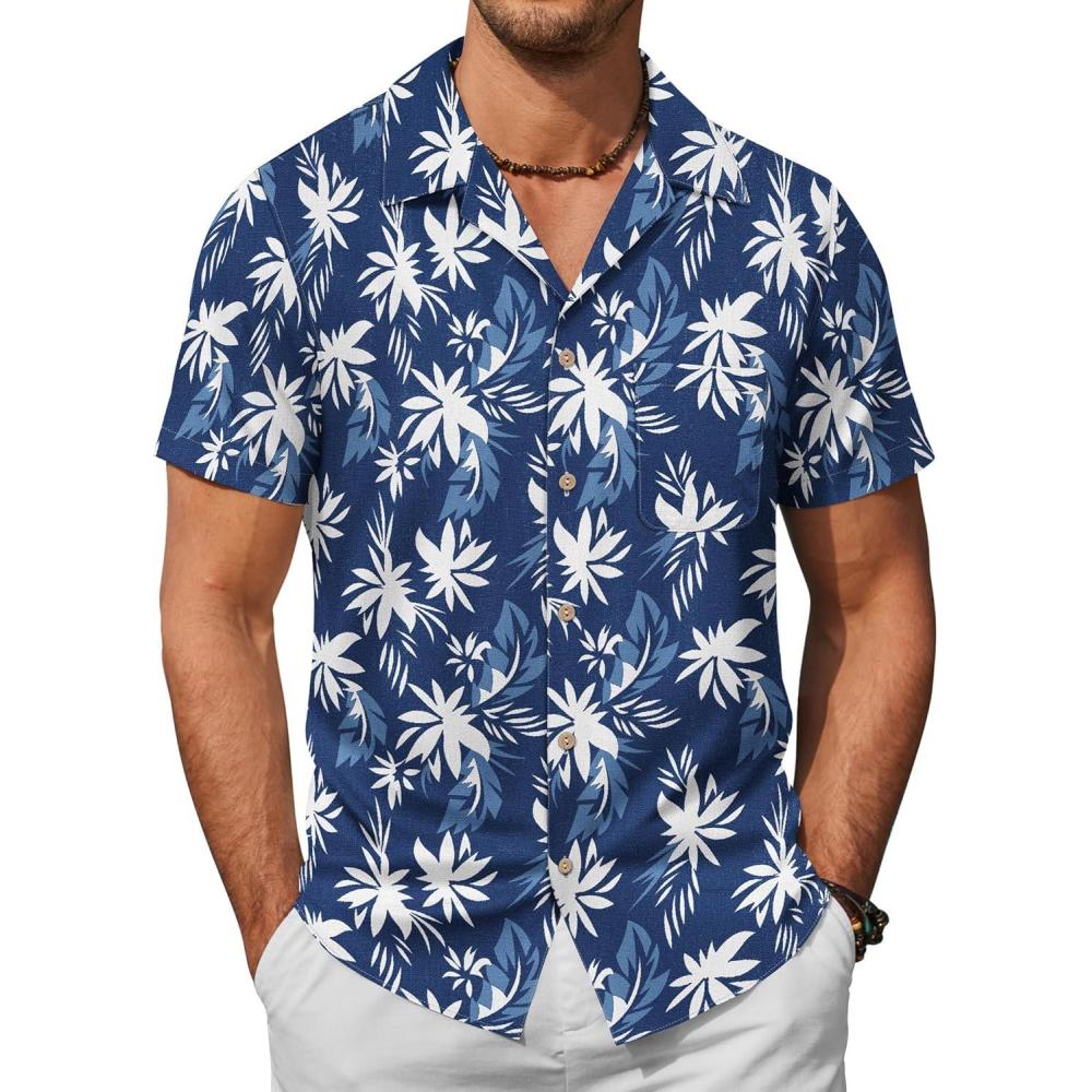 imageCOOFANDY Mens Hawaiian Shirts Short Sleeve Casual Button Down Tropical Beach ShirtNavy Leaves