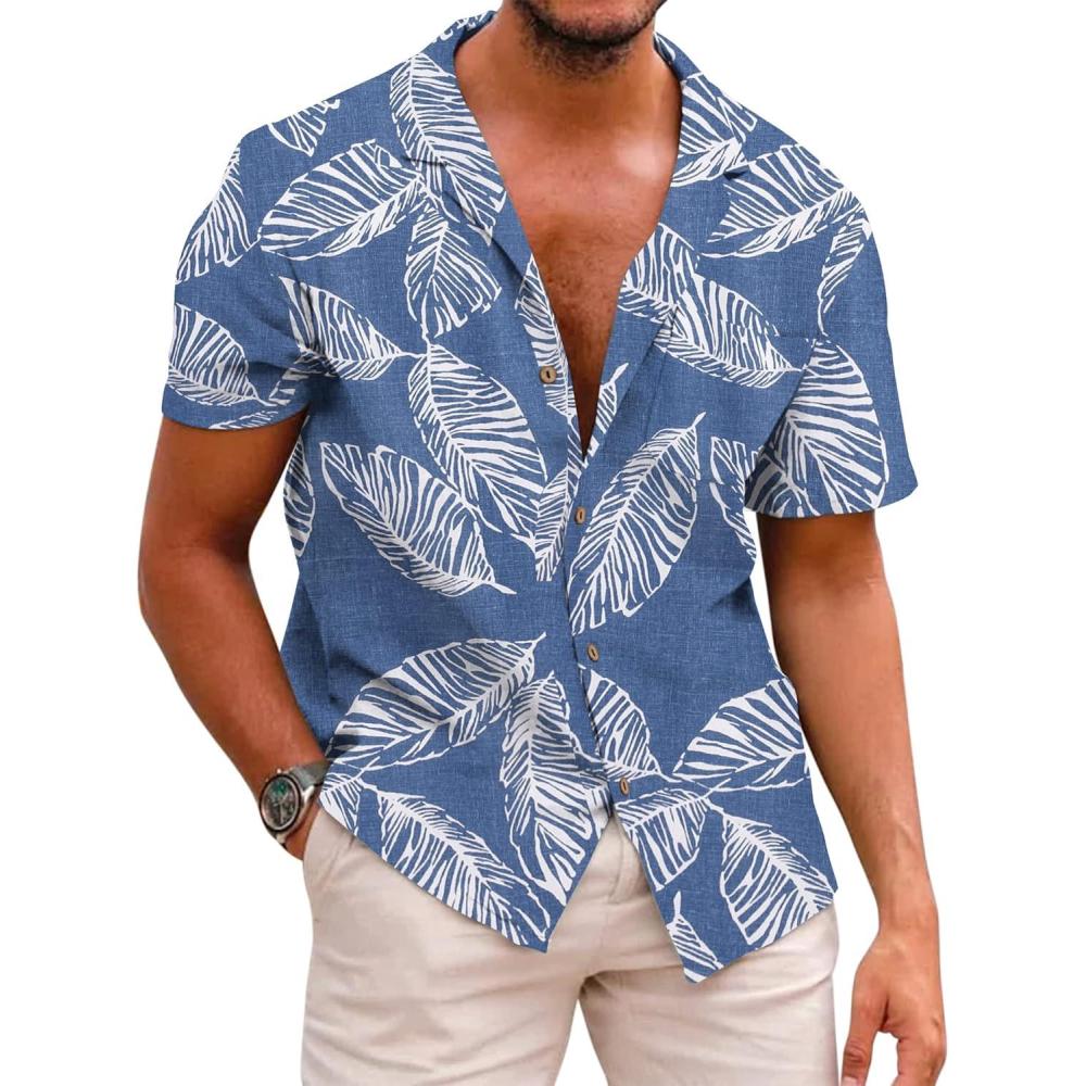 imageCOOFANDY Mens Hawaiian Shirts Short Sleeve Casual Button Down Tropical Beach ShirtPalm Leafdenim Blue