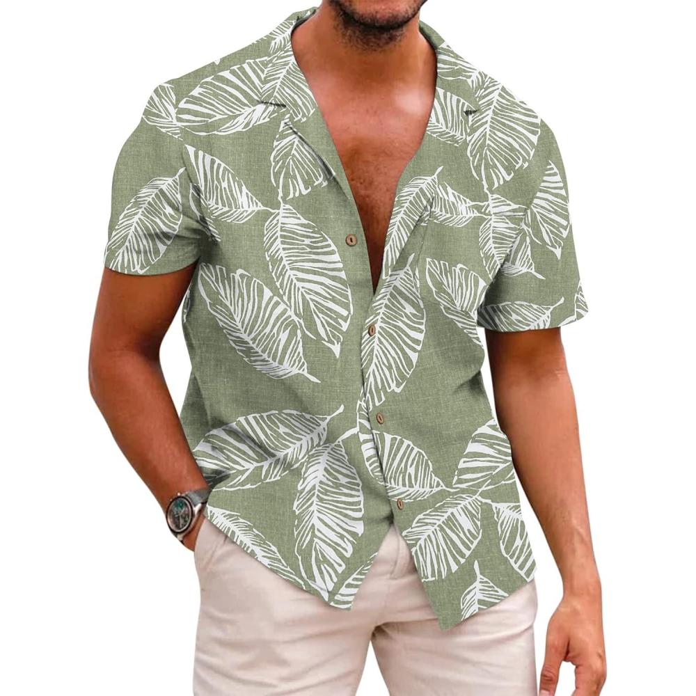 imageCOOFANDY Mens Hawaiian Shirts Short Sleeve Casual Button Down Tropical Beach ShirtPalm Leafgreen