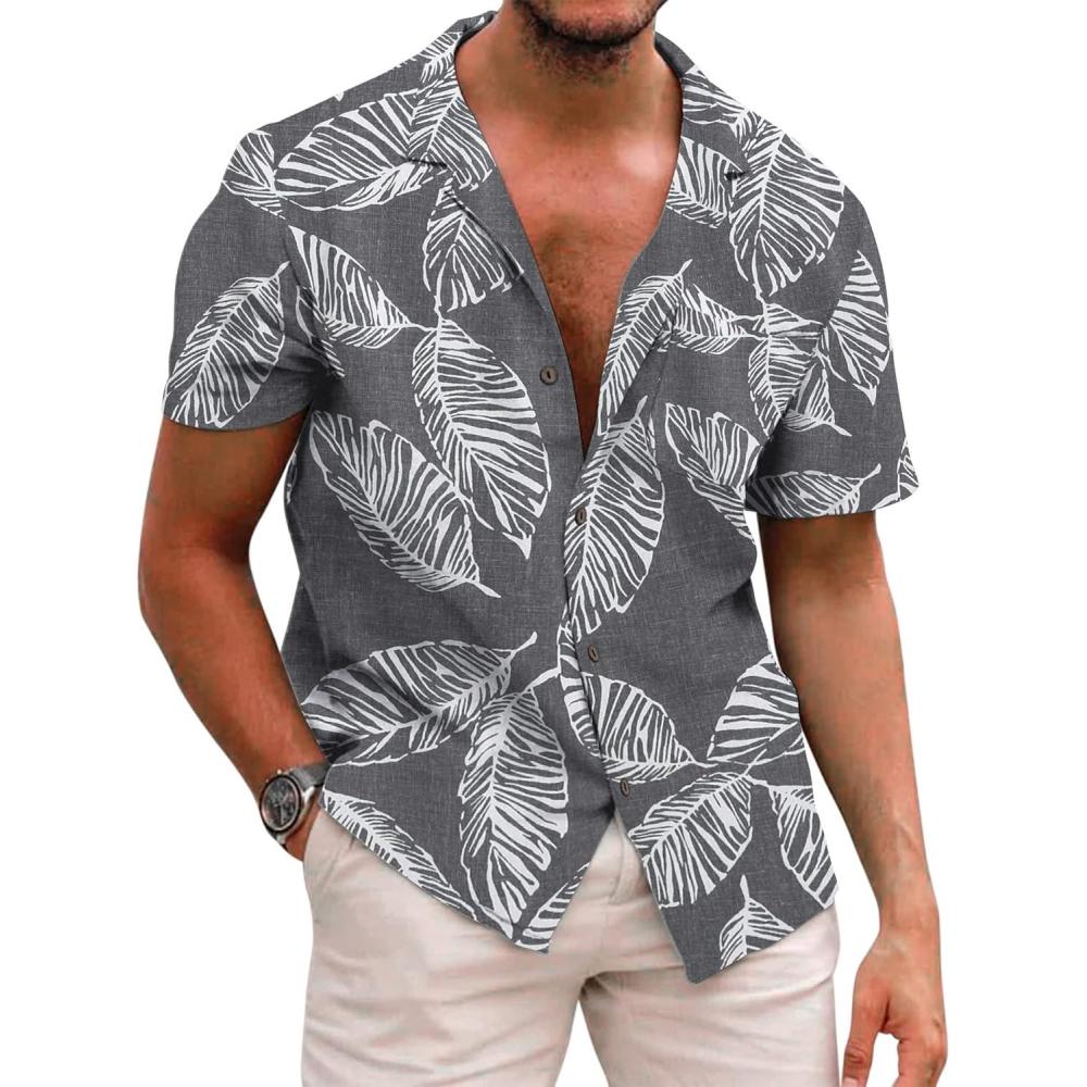 imageCOOFANDY Mens Hawaiian Shirts Short Sleeve Casual Button Down Tropical Beach ShirtPalm Leafgrey
