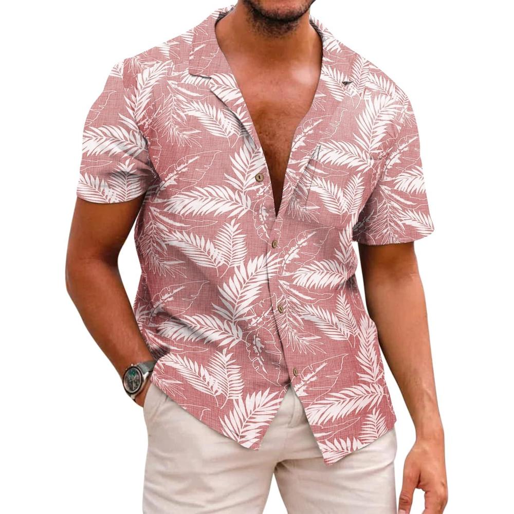 imageCOOFANDY Mens Hawaiian Shirts Short Sleeve Casual Button Down Tropical Beach ShirtPalm Leafpink