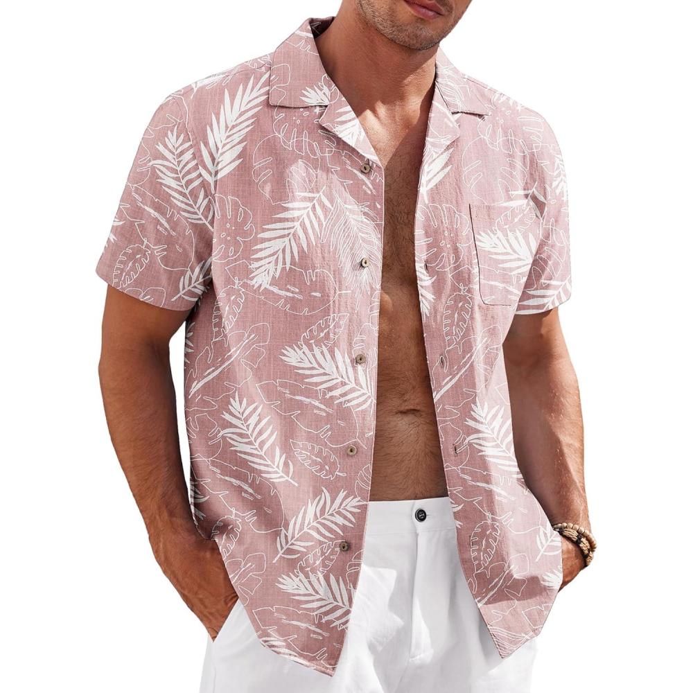 imageCOOFANDY Mens Hawaiian Shirts Short Sleeve Casual Button Down Tropical Beach ShirtPink  Plam Leaf