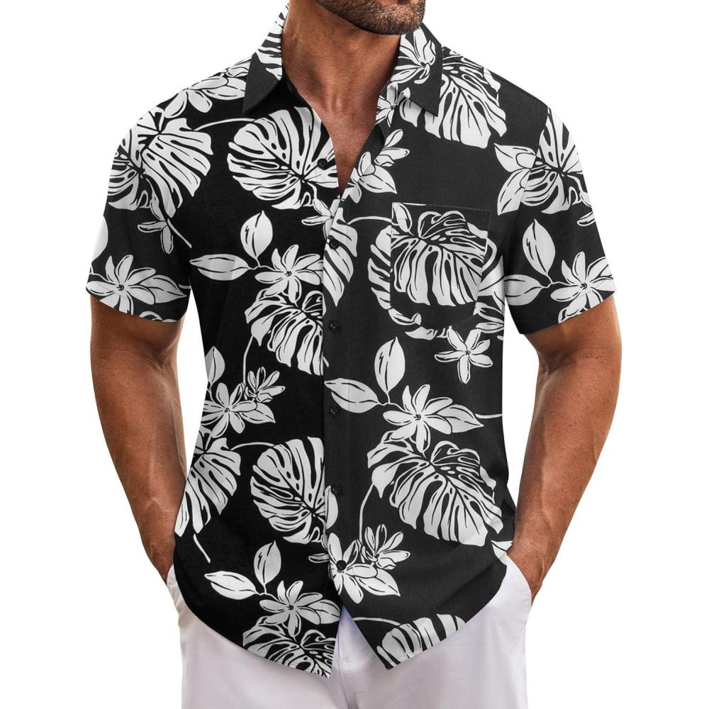 imageCOOFANDY Mens Hawaiian Tropical Shirt Short Sleeve Casual Button Down Floral Summer Beach Shirts with PocketBblack Leaves