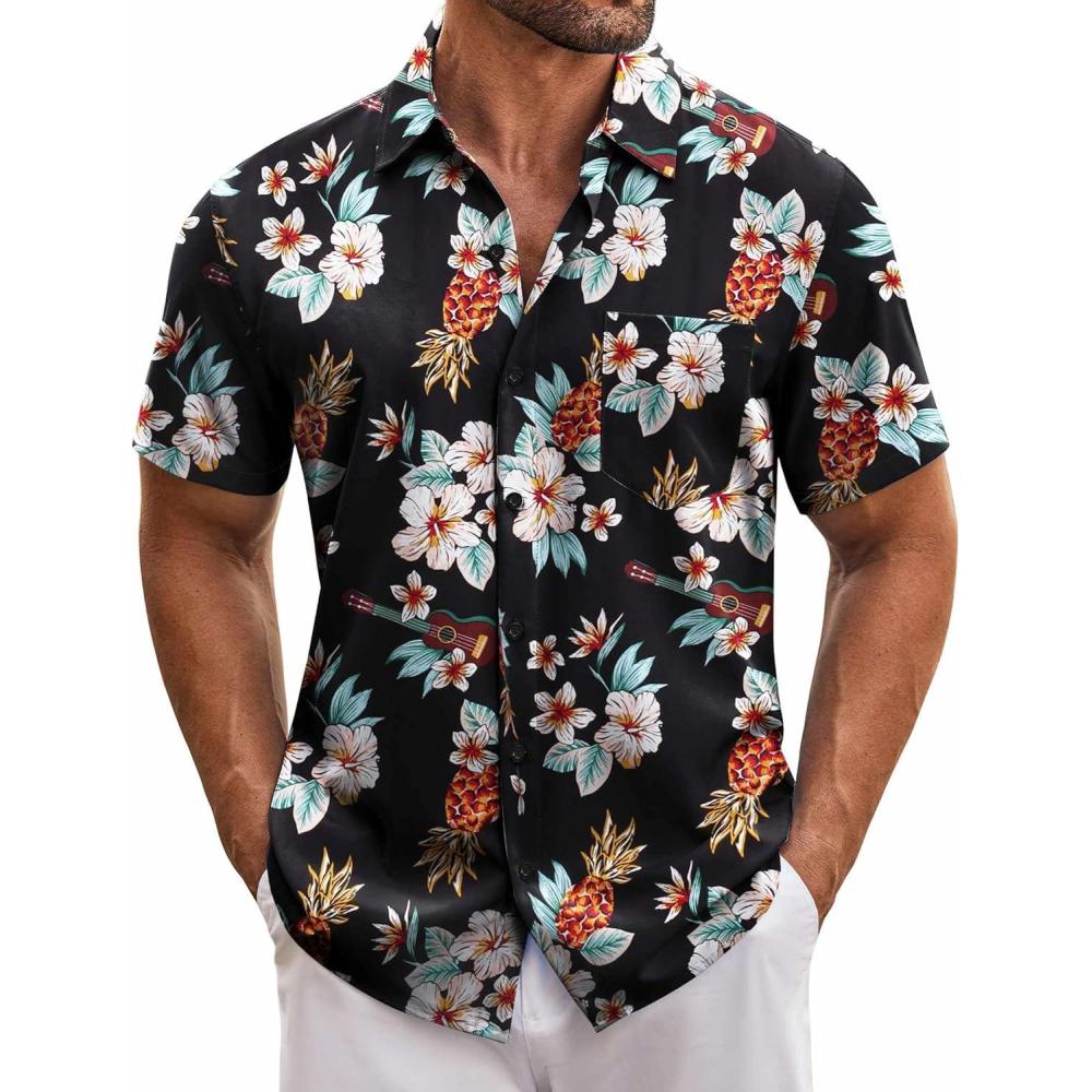 imageCOOFANDY Mens Hawaiian Tropical Shirt Short Sleeve Casual Button Down Floral Summer Beach Shirts with PocketBlack