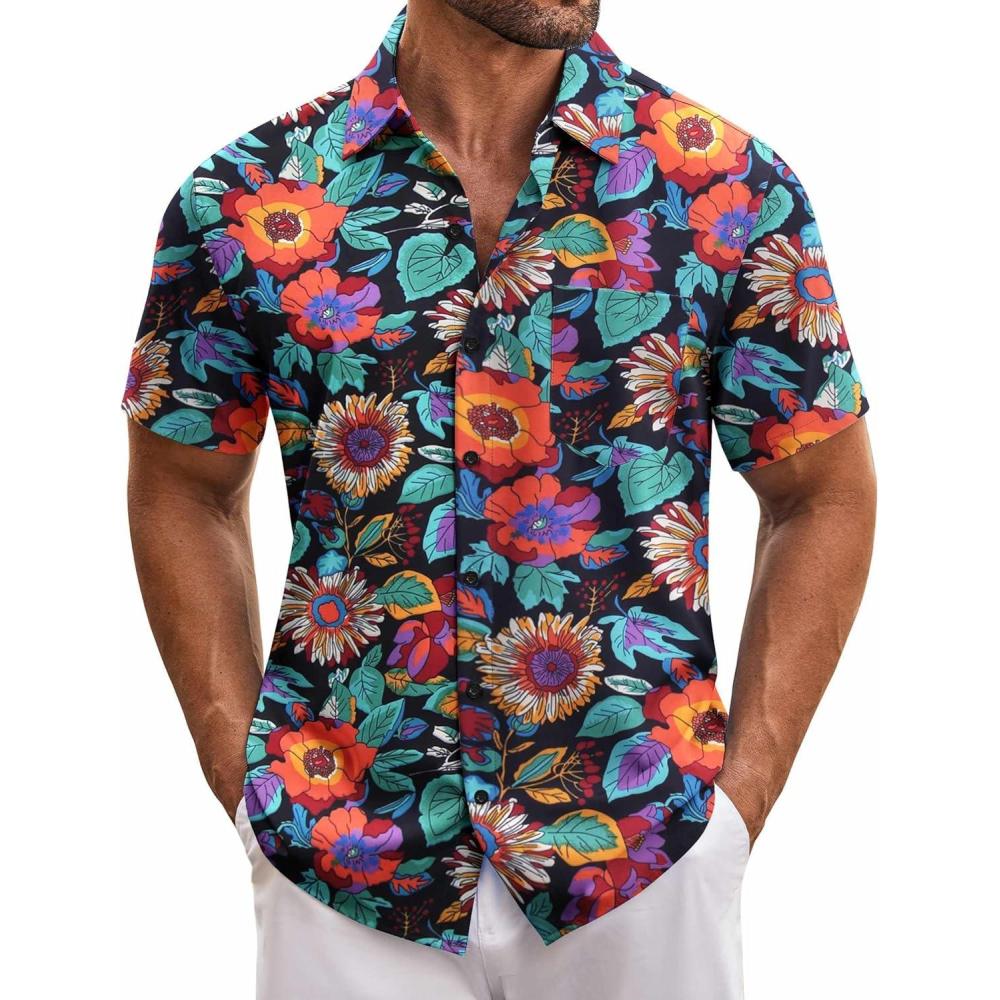 imageCOOFANDY Mens Hawaiian Tropical Shirt Short Sleeve Casual Button Down Floral Summer Beach Shirts with PocketBlack Flowers