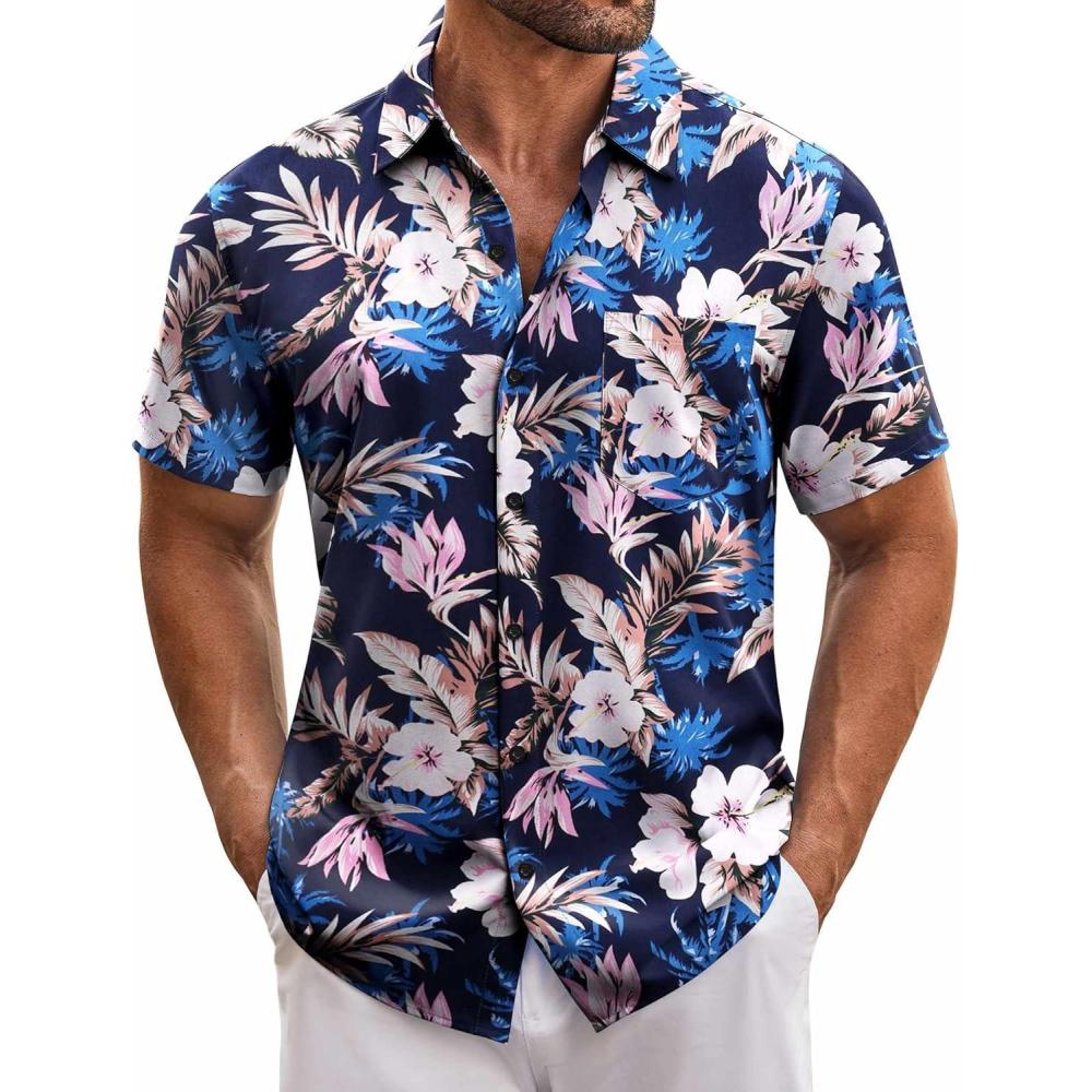 imageCOOFANDY Mens Hawaiian Tropical Shirt Short Sleeve Casual Button Down Floral Summer Beach Shirts with PocketBlue