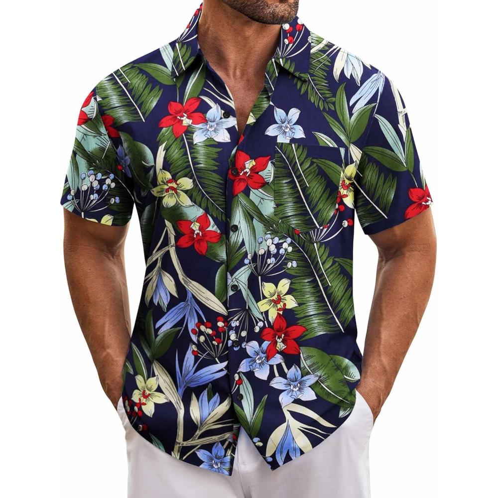 imageCOOFANDY Mens Hawaiian Tropical Shirt Short Sleeve Casual Button Down Floral Summer Beach Shirts with PocketGreen