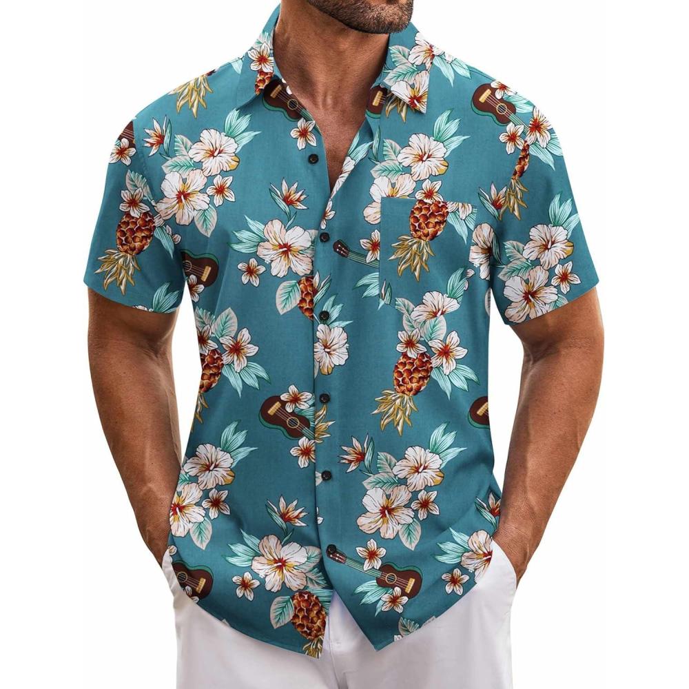 imageCOOFANDY Mens Hawaiian Tropical Shirt Short Sleeve Casual Button Down Floral Summer Beach Shirts with PocketGreen Guitar