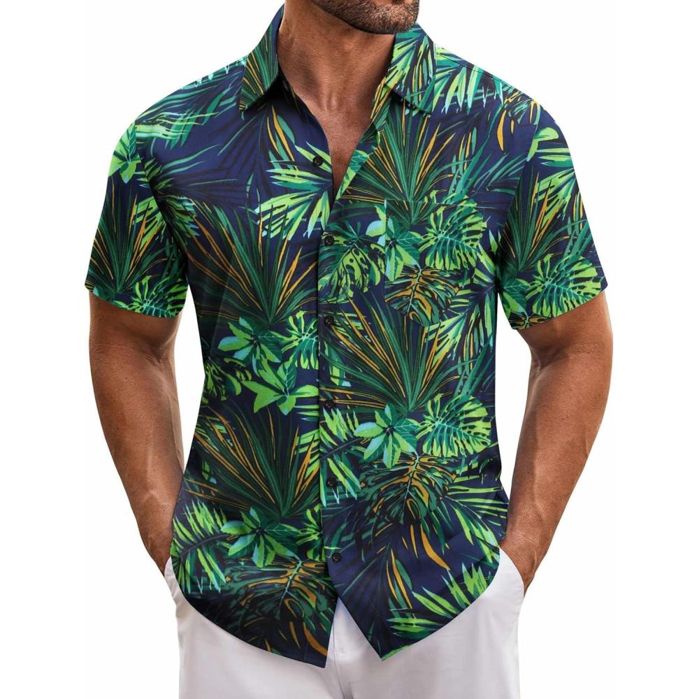imageCOOFANDY Mens Hawaiian Tropical Shirt Short Sleeve Casual Button Down Floral Summer Beach Shirts with PocketGreen Leaves