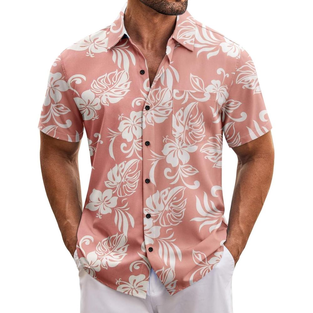 imageCOOFANDY Mens Hawaiian Tropical Shirt Short Sleeve Casual Button Down Floral Summer Beach Shirts with PocketPink Flowers
