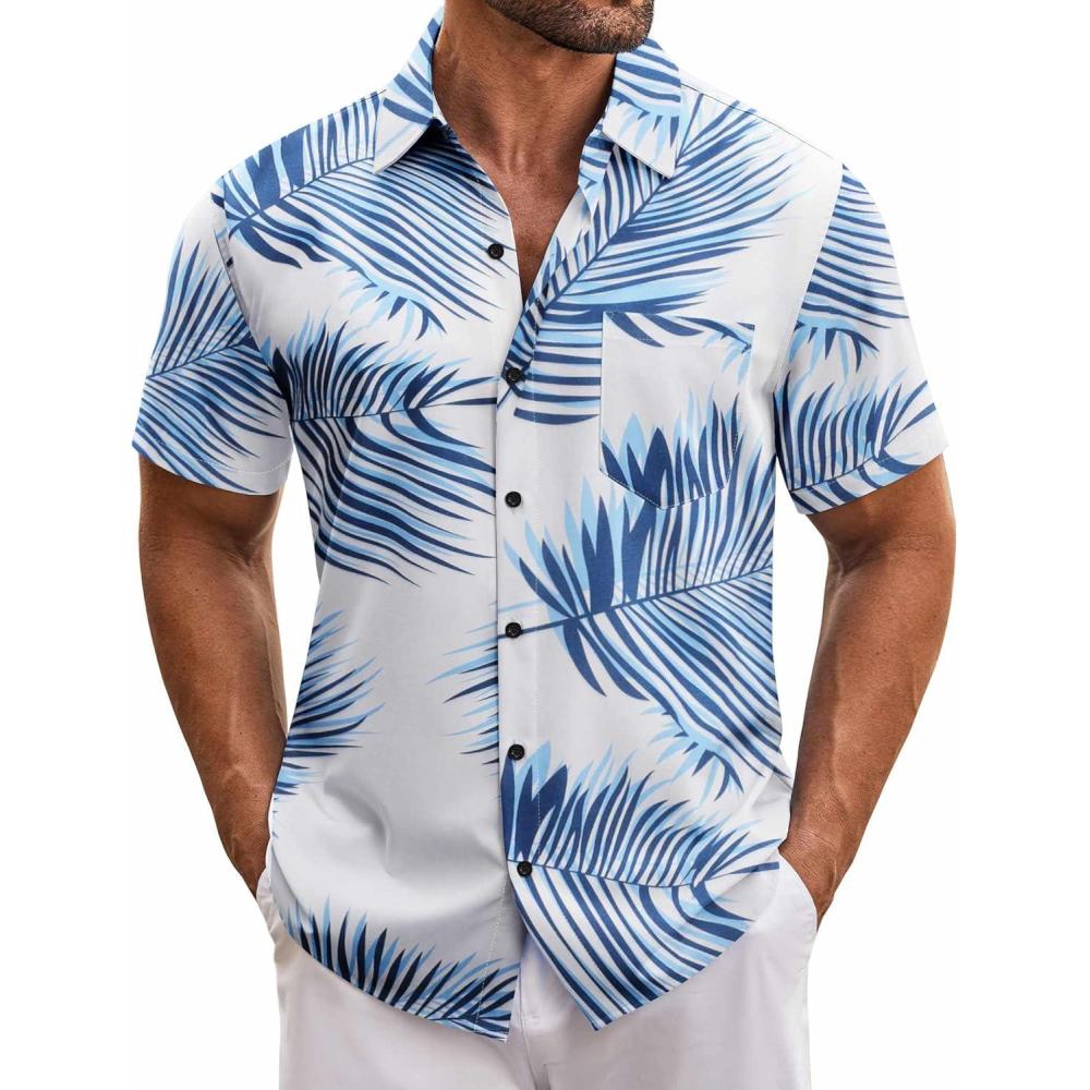 imageCOOFANDY Mens Hawaiian Tropical Shirt Short Sleeve Casual Button Down Floral Summer Beach Shirts with PocketWhite Palm Leaves