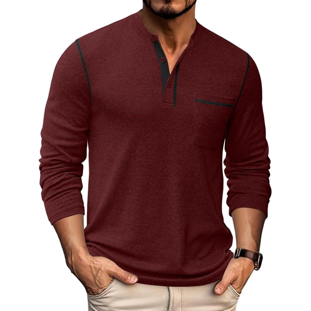 imageCOOFANDY Mens Henley Long Sleeve Shirts Casual Button TShirt Pullover Basic Tees with PocketWine Red