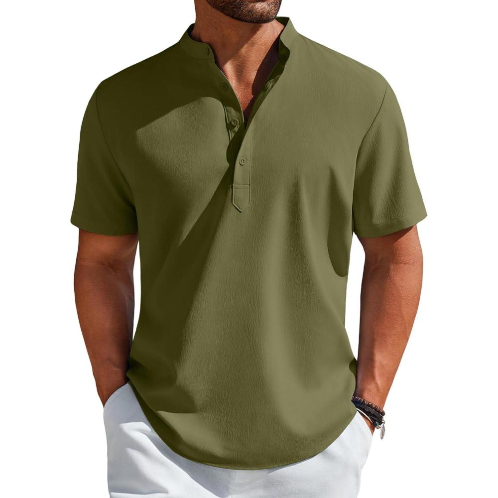 imageCOOFANDY Mens Henley Shirt Short Sleeve Casual TShirt Summer Beach Hippie Henley Tee ShirtArmy Green