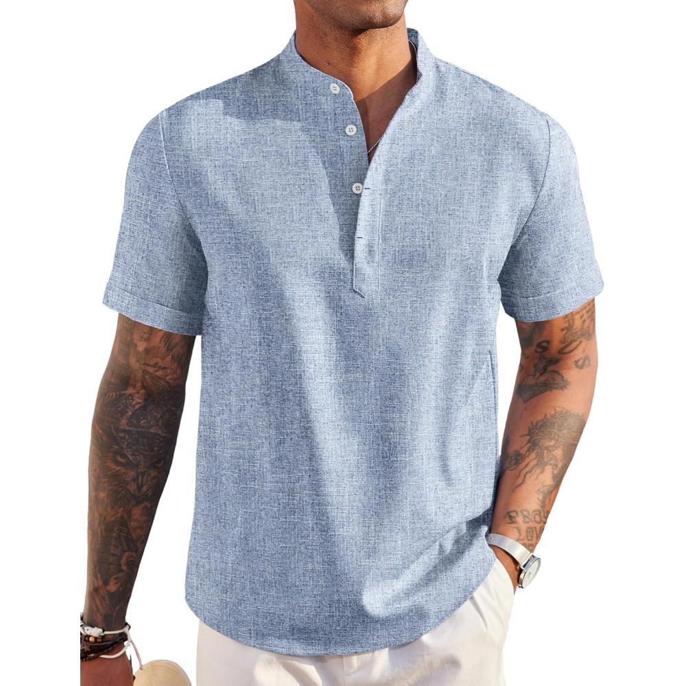 imageCOOFANDY Mens Henley Shirt Short Sleeve Casual TShirt Summer Beach Hippie Henley Tee ShirtFlecking Blue