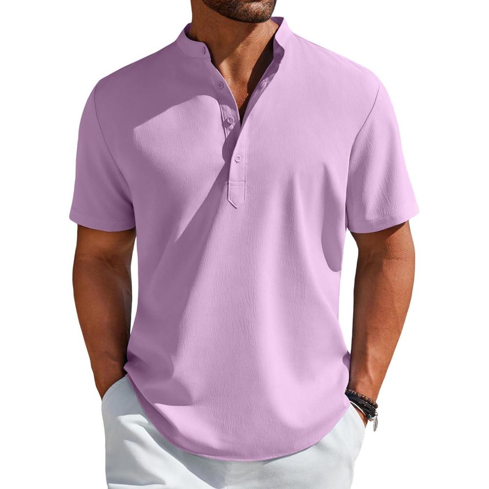 imageCOOFANDY Mens Henley Shirt Short Sleeve Casual TShirt Summer Beach Hippie Henley Tee ShirtLavender