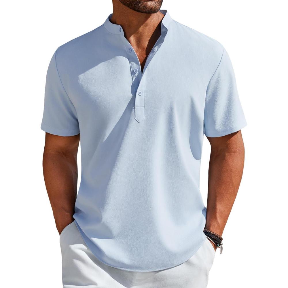 imageCOOFANDY Mens Henley Shirt Short Sleeve Casual TShirt Summer Beach Hippie Henley Tee ShirtLight Blue