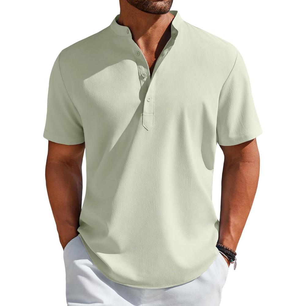 imageCOOFANDY Mens Henley Shirt Short Sleeve Casual TShirt Summer Beach Hippie Henley Tee ShirtLight Green