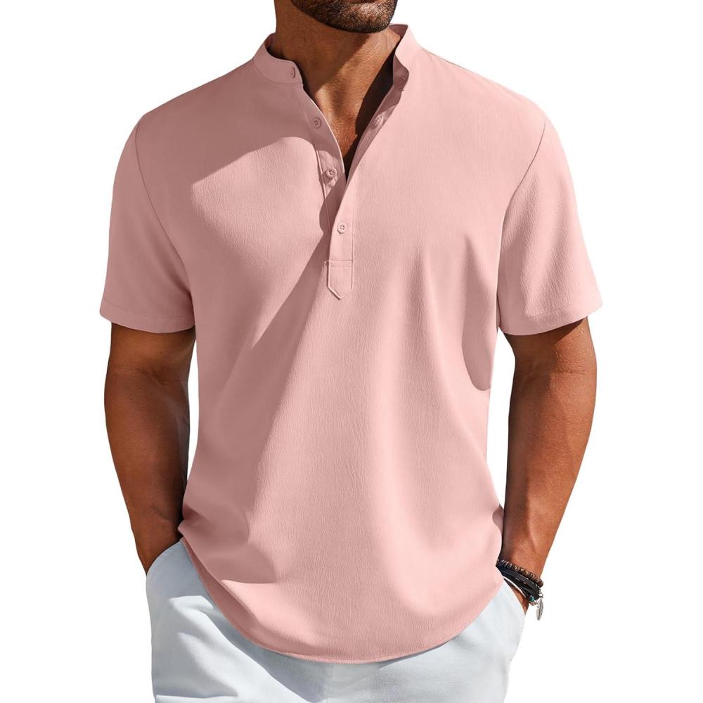 imageCOOFANDY Mens Henley Shirt Short Sleeve Casual TShirt Summer Beach Hippie Henley Tee ShirtLight Pink