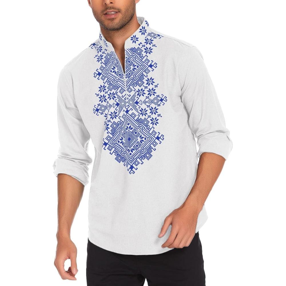imageCOOFANDY Mens Henley Shirt Vyshyvanka Long Sleeve African Print Shirts Casual Zip Up Cotton Linen Beach Hippie Shirt01white