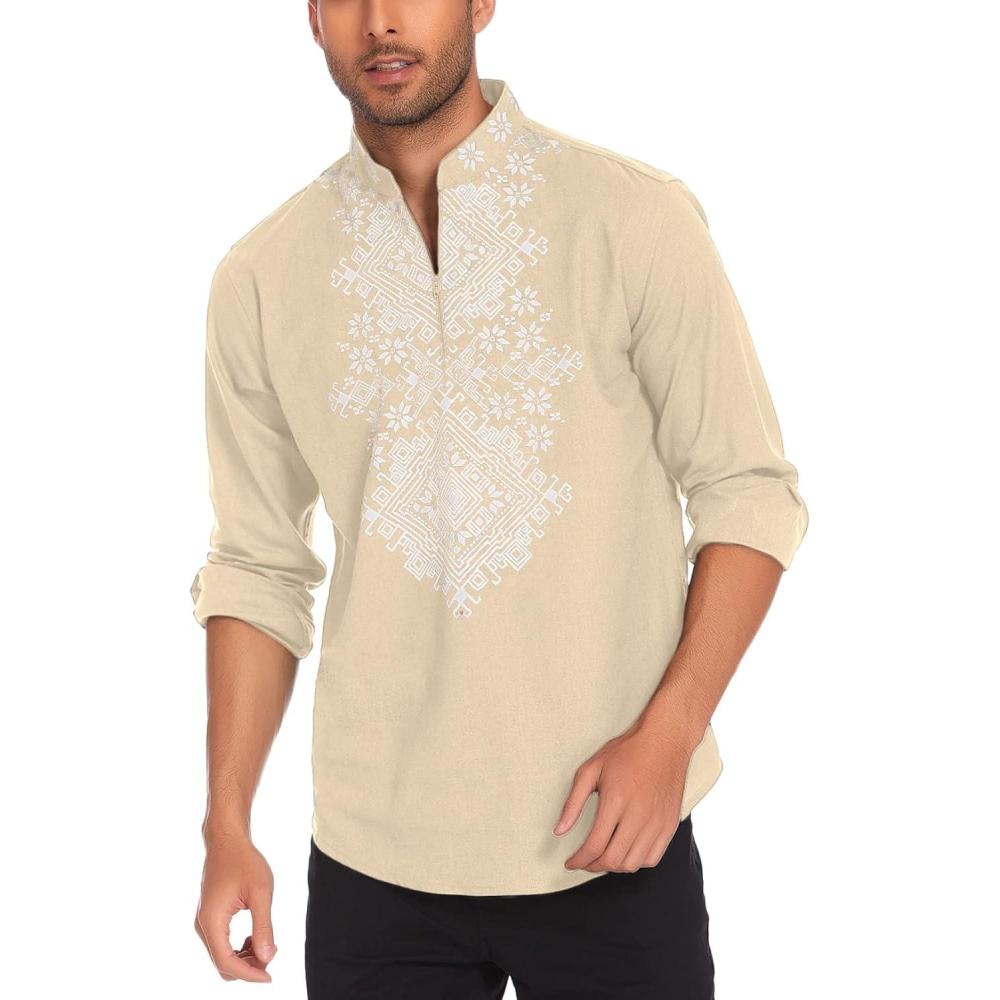 imageCOOFANDY Mens Henley Shirt Vyshyvanka Long Sleeve African Print Shirts Casual Zip Up Cotton Linen Beach Hippie ShirtBeige