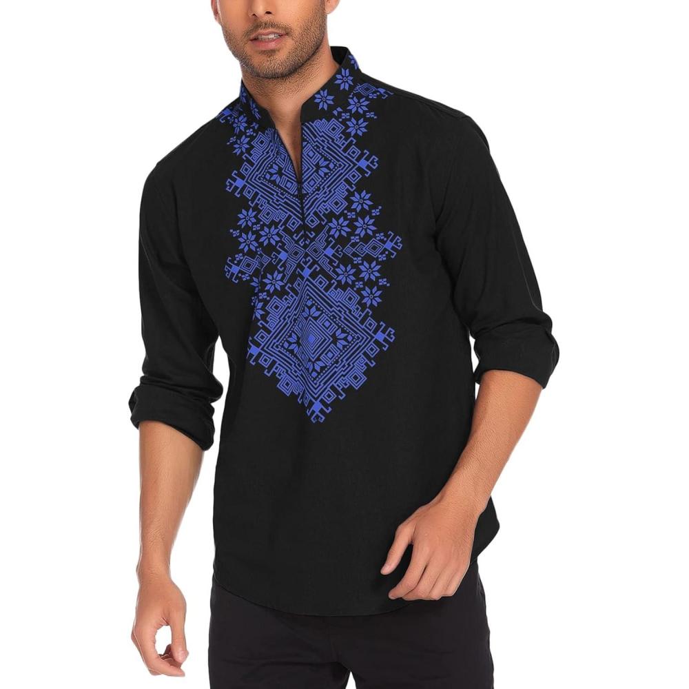 imageCOOFANDY Mens Henley Shirt Vyshyvanka Long Sleeve African Print Shirts Casual Zip Up Cotton Linen Beach Hippie ShirtBlack