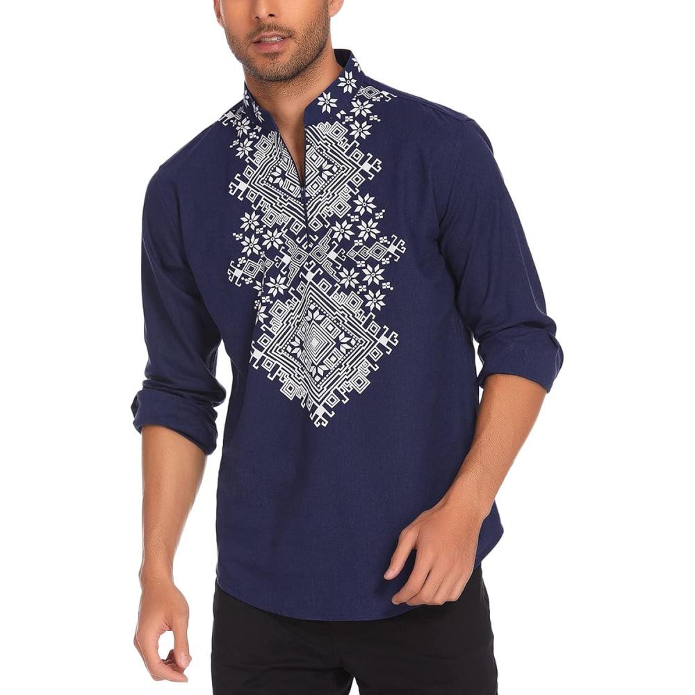 imageCOOFANDY Mens Henley Shirt Vyshyvanka Long Sleeve African Print Shirts Casual Zip Up Cotton Linen Beach Hippie ShirtBlue