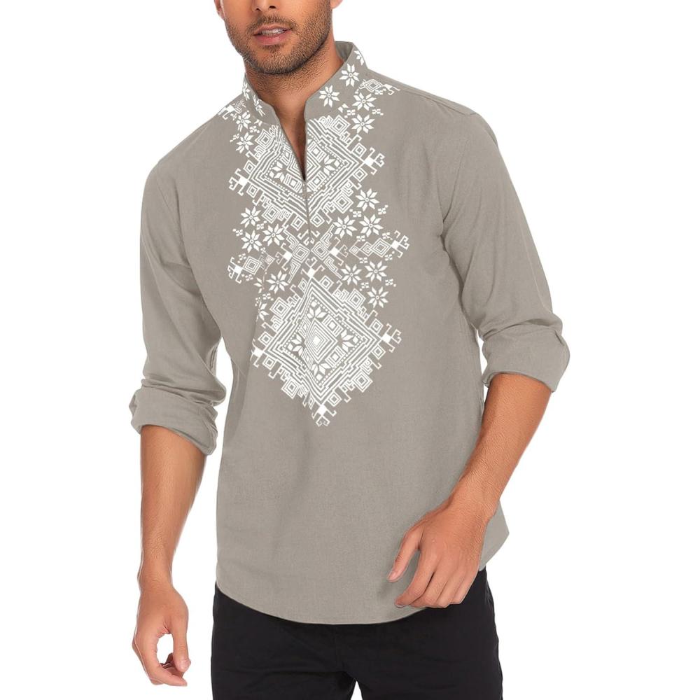 imageCOOFANDY Mens Henley Shirt Vyshyvanka Long Sleeve African Print Shirts Casual Zip Up Cotton Linen Beach Hippie ShirtLight Grey