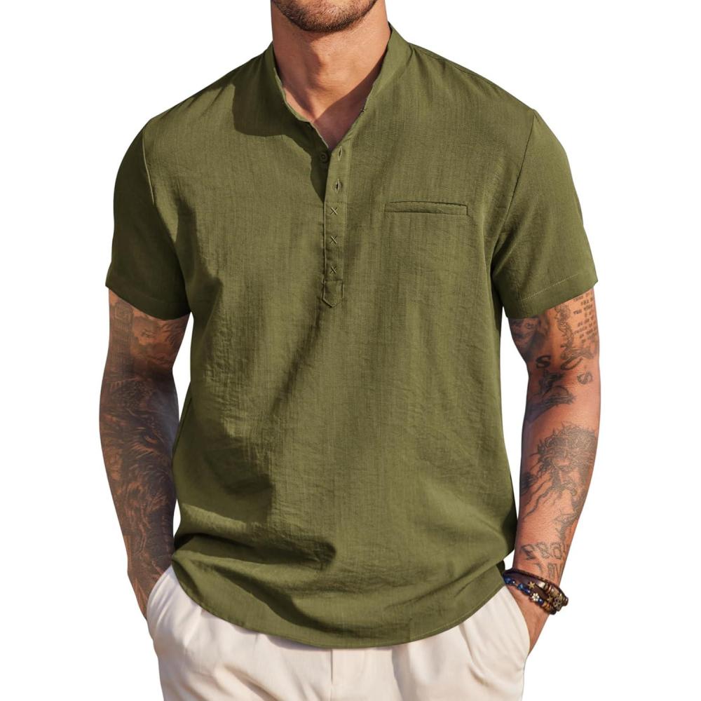 imageCOOFANDY Mens Henley Shirts Band Collar Short Sleeve TShirts Casual Summer Beach Shirt Hippie Fashion Hawaiian ShirtArmy Green
