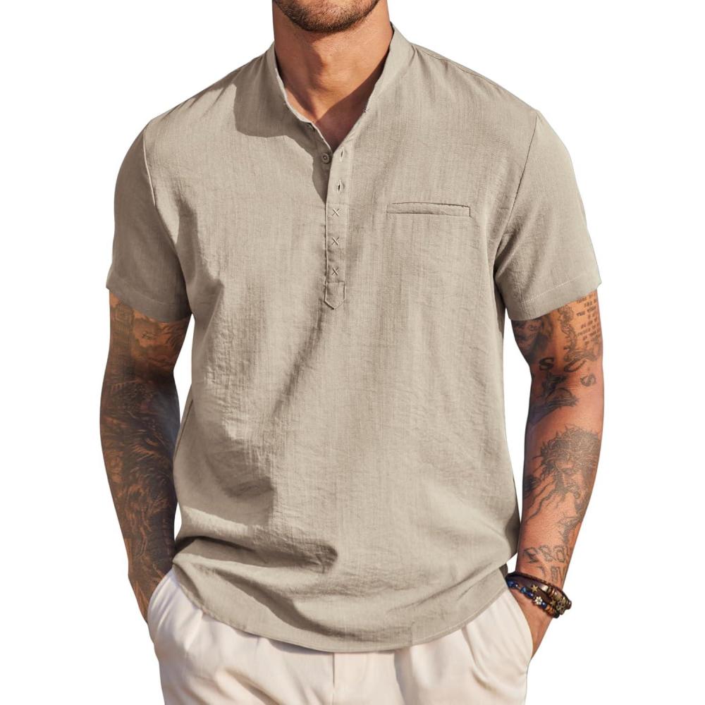 imageCOOFANDY Mens Henley Shirts Band Collar Short Sleeve TShirts Casual Summer Beach Shirt Hippie Fashion Hawaiian ShirtKhaki