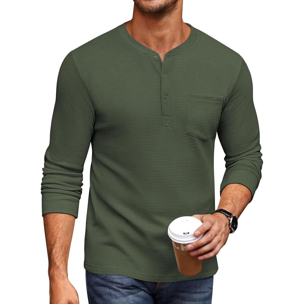 imageCOOFANDY Mens Henley Shirts Long Sleeve Basic Waffle Pique Pullover TShirt with PocketArmy Green