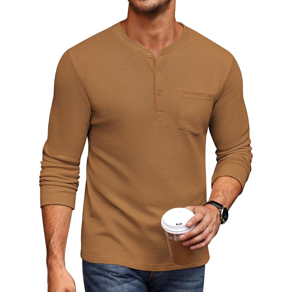 imageCOOFANDY Mens Henley Shirts Long Sleeve Basic Waffle Pique Pullover TShirt with PocketBrown