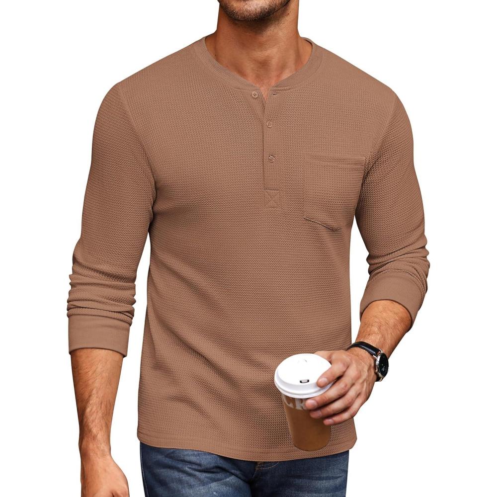 imageCOOFANDY Mens Henley Shirts Long Sleeve Basic Waffle Pique Pullover TShirt with PocketDark Brown