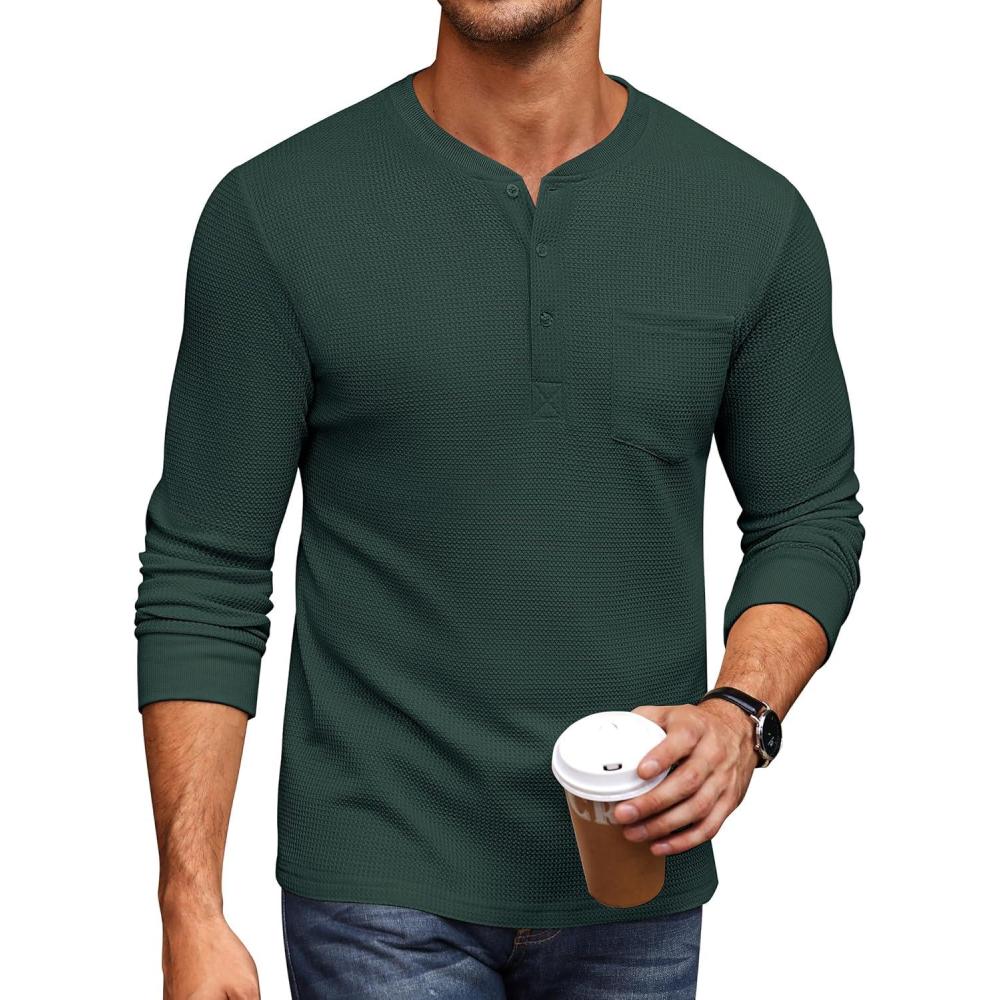 imageCOOFANDY Mens Henley Shirts Long Sleeve Basic Waffle Pique Pullover TShirt with PocketDark Green