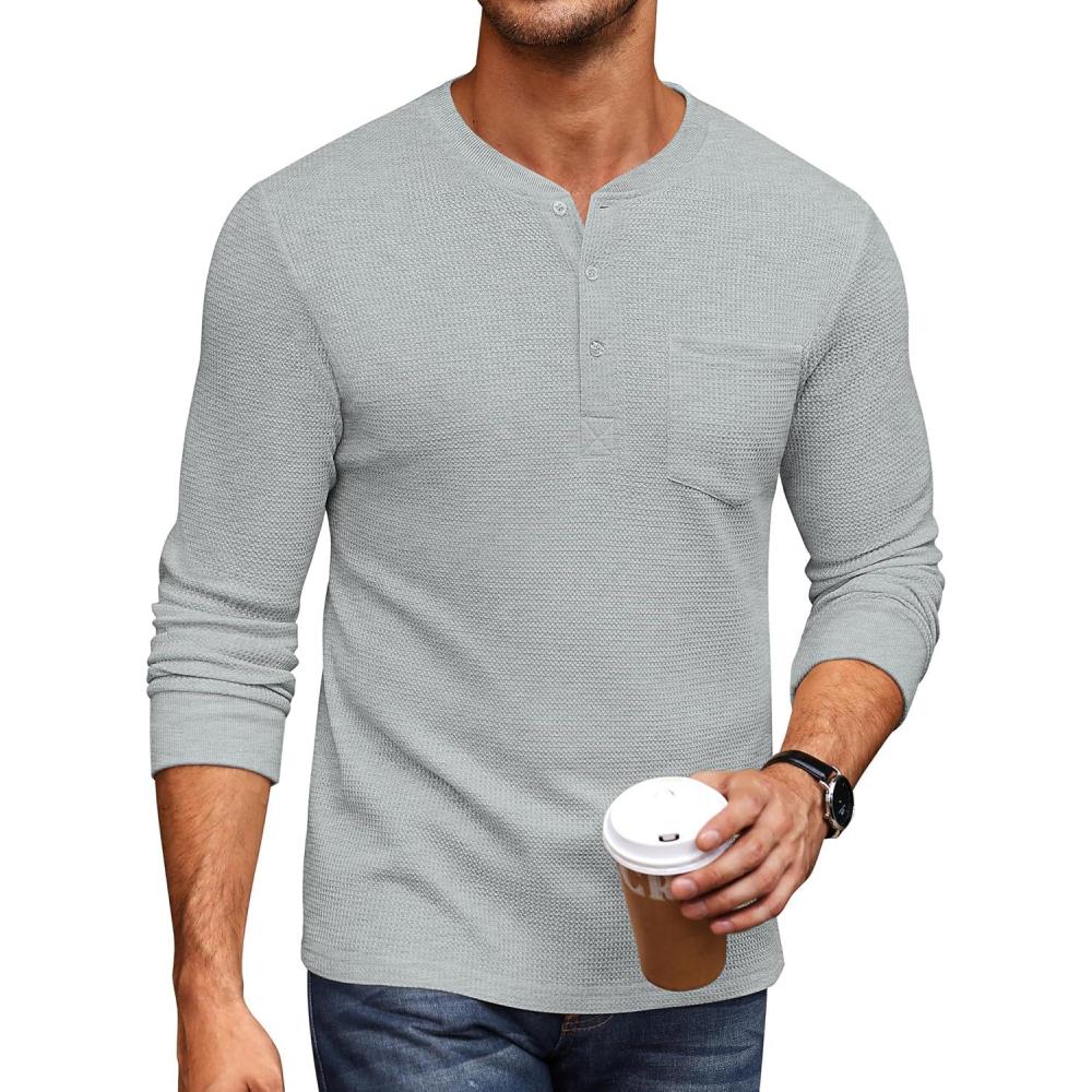imageCOOFANDY Mens Henley Shirts Long Sleeve Basic Waffle Pique Pullover TShirt with PocketGrey